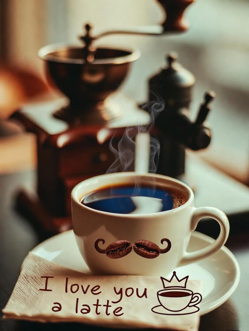 a steaming mug with roasted coffee beans glued on forming a quirky mustache, a vintage hand-crank grinder spilling beans,