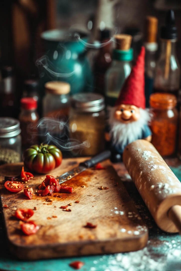 a worn wooden cutting board scattered with heirloom tomato scraps and a flour-dusted rolling pin resting nearby,