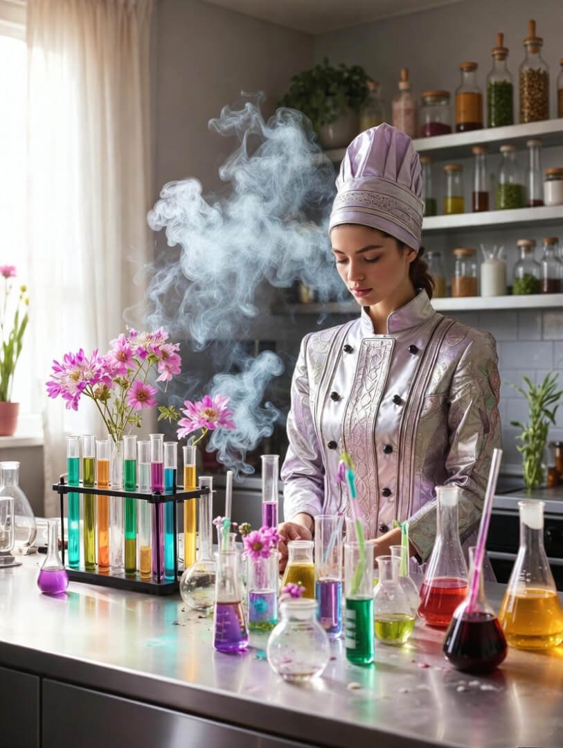 colorful test tubes filled with vibrant liquids, edible flowers scattered on a countertop, and syringes creating olive oil pearls.