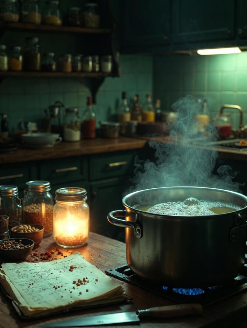a dimly lit cozy home kitchen with a large steaming pot of broth on the stove and an open handwritten notebook with cryptic,