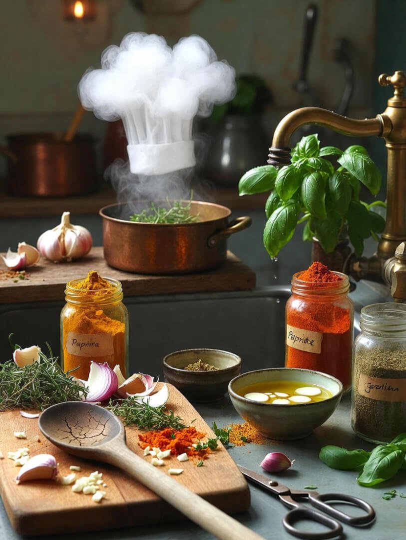 a rustic copper pot bubbling with fresh herbs and garlic, scattered vibrant spice jars like paprika and turmeric on a worn wooden counter,