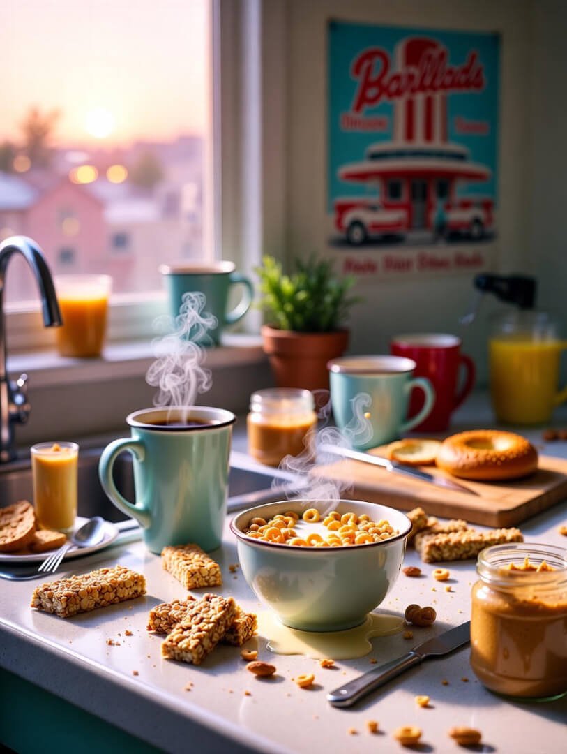 a cluttered kitchen counter with spilled cereal loops and crumbs, a steaming coffee mug saying 
