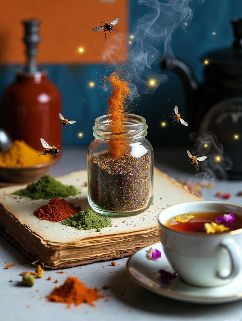 a half-eaten bowl of bright purple ube ice cream melting messily on a chipped diner plate, a scattering of unfamiliar spice packets torn open with powder everywhere,