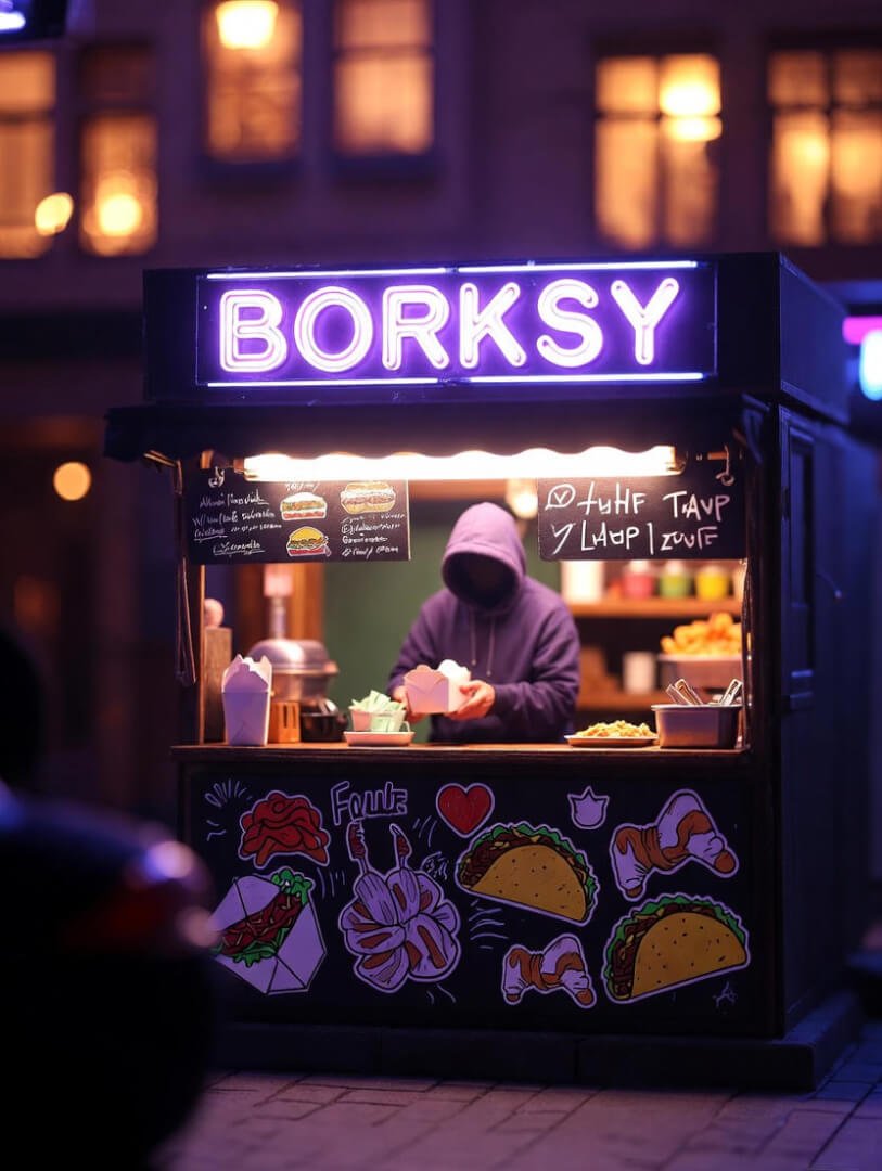 a secretive alleyway food stall glowing with neon lights, a mysterious figure in a hoodie exchanging cash for a steaming takeout box,