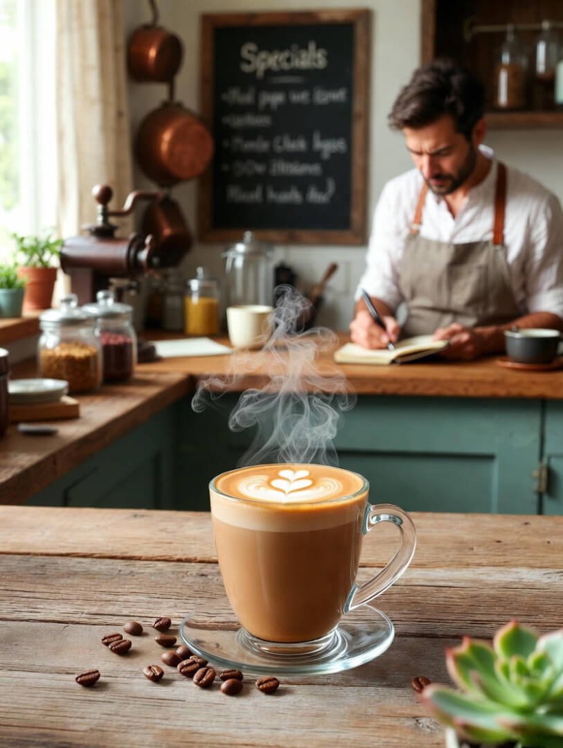 a steaming latte with delicate heart-shaped latte art on a worn rustic wooden counter, scattered coffee beans and a half-open notebook with scribbled recipe notes,
